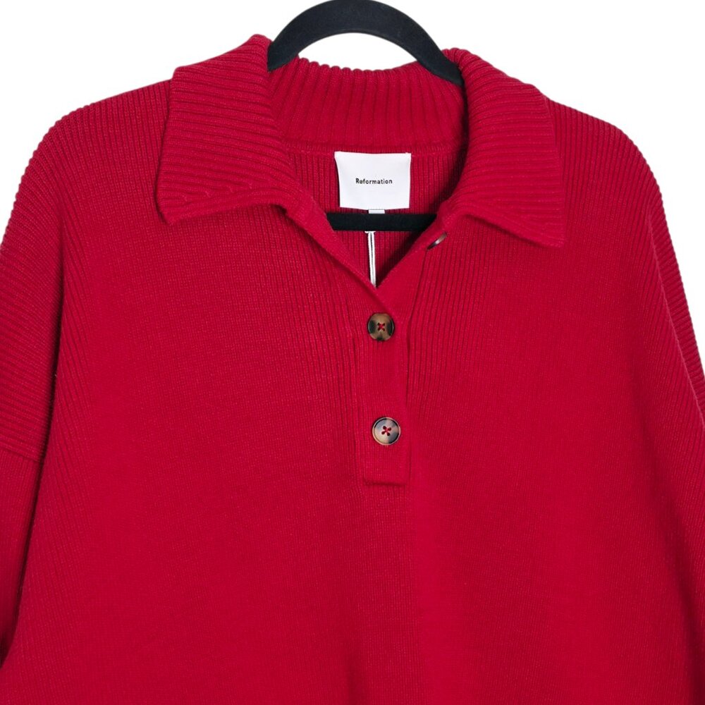Reformation Brooklyn Sweater Sundried Tomato Red Cotton Polo Henley‎ Size L NWT - Picture 5 of 11